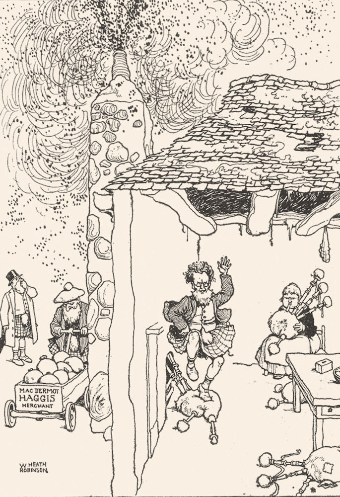 HEATH ROBINSON. Scottish custom chimney cleaning Auld Reekie Bagpipes.SMALL 1935